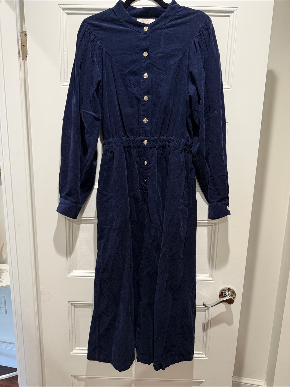 Xirena Maxi Corduroy Navy Blue Dress Gold Snap Button Pockets Elastic Waist M